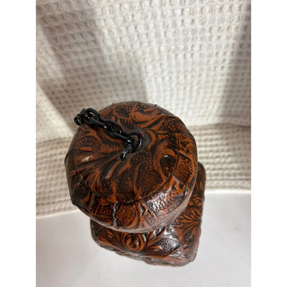 Western Unisex Vintage Tooled Leather Amber Glass Decanter OS Brown